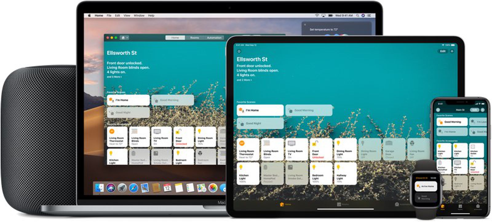 Apple Home shown on Mac, iPad, iPhone, Apple Watch and HomePod